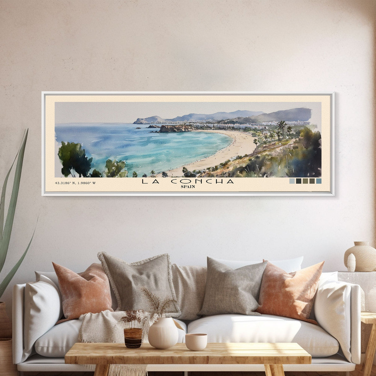 La Concha, Spain Watercolor Print, Vacation Gift, Spain Wall Art, Beach Painting, Beach Decor, Large Wall Art, Wood Frame Art