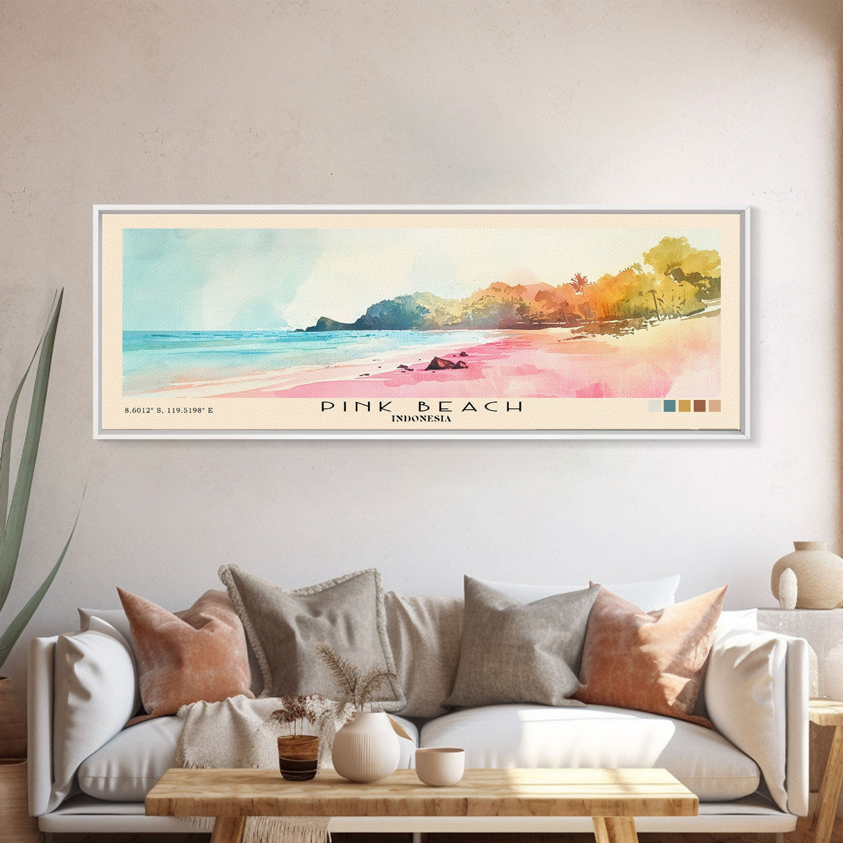 Pink Beach, Indonesia Watercolor Beach Print, Vacation Gift, Indonesia Wall Art, Beach Painting, Beach Decor, Beach Painting