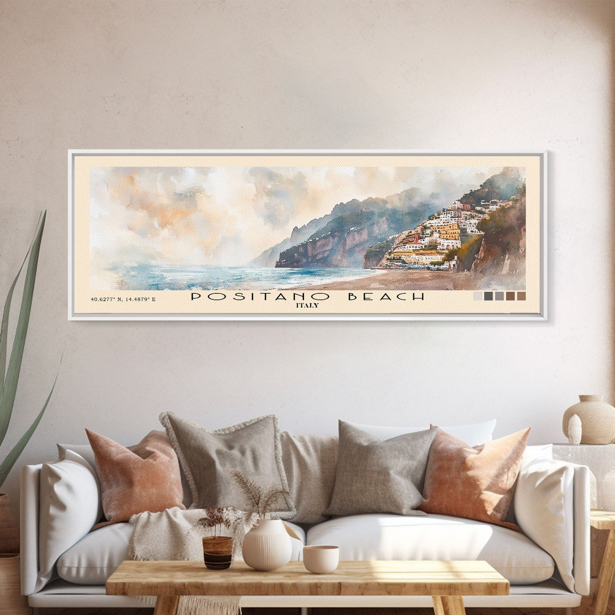 Positano Beach, Italy Watercolor Print, Vacation Gift, Italy Wall Art, Beach Painting, Beach Decor, Large Wall Art, Wood Frame Art