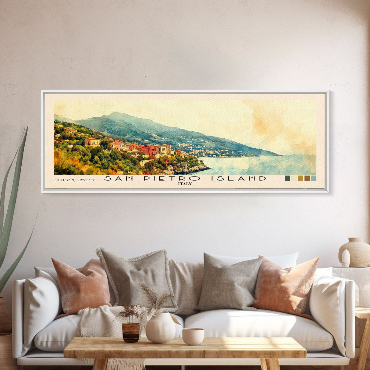 San Pietro Island, Italy Watercolor Print, Vacation Gift, Italy Wall Art, Beach Painting, Beach Decor, Large Wall Art, Wood Frame Art