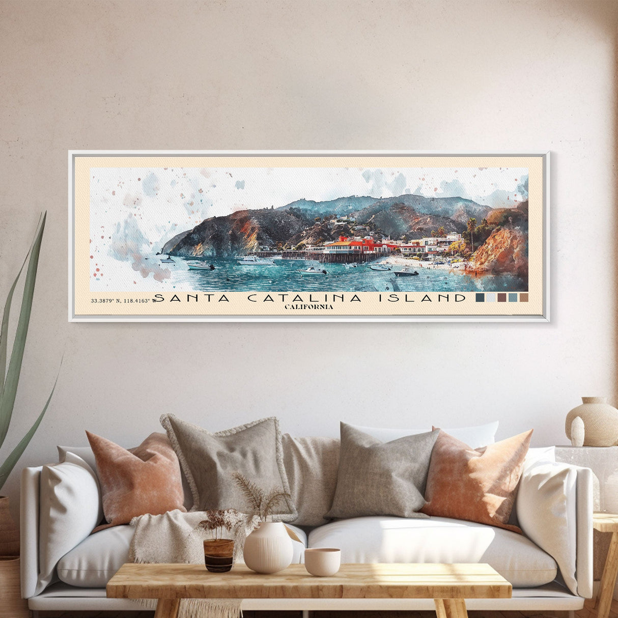 Santa Catalina Island, California Watercolor Beach Print, Vacation Gift, California Wall Art, Framed Canvas Print, Framed Beach Painting