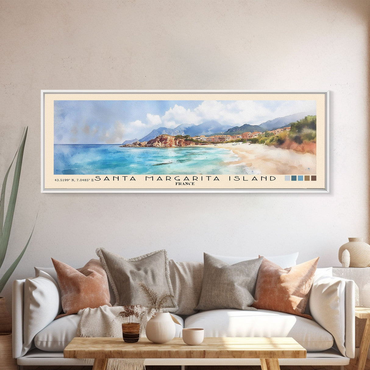 Santa Margarita Island, France Watercolor Print, Vacation Gift, France Wall Art, Beach Painting, Beach Decor, Large Wall Art, Wood Frame Art