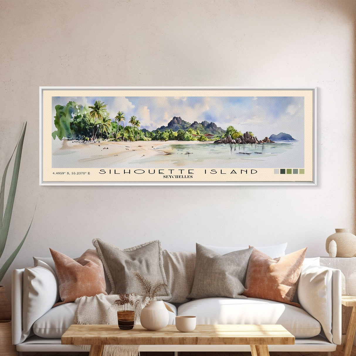 Silhouette Island, Seychelles Watercolor Print, Vacation Gift, Seychelles Wall Art, Beach Painting, Beach Decor, Large Wall Art, Wood Frame Art