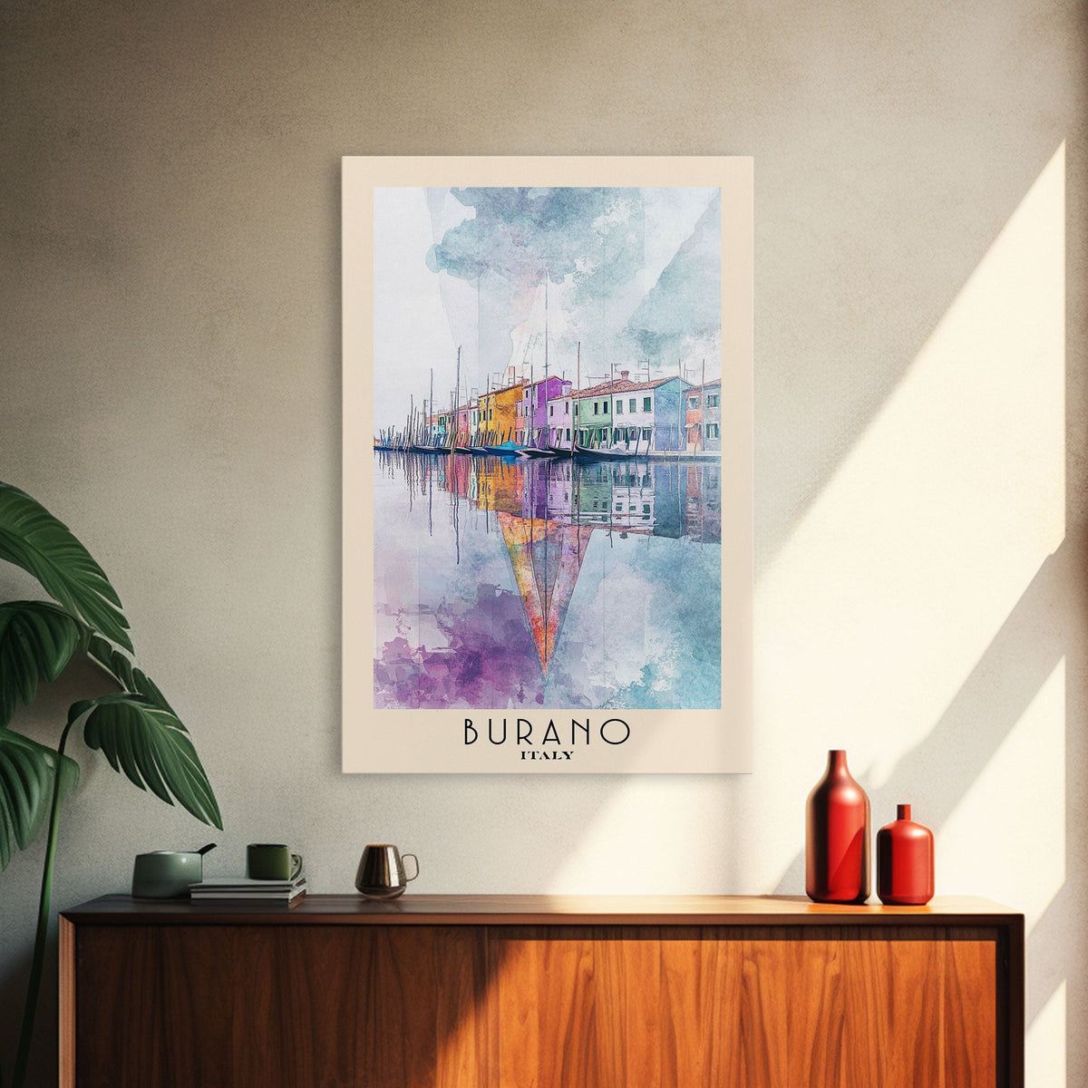 Burano, Italy Watercolor Print, Vacation Gift, Italy Wall Art, Beach Painting, Beach Decor, Large Wall Art, Wood Frame Art