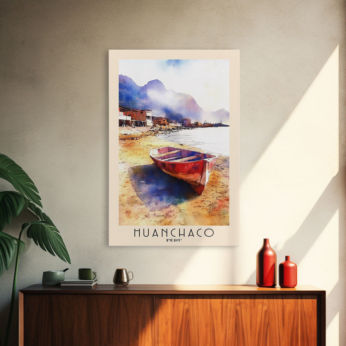 Huanchaco, Peru Watercolor Beach Print, Vacation Gift, Peru Wall Art, Framed Canvas Print, Framed Beach Painting