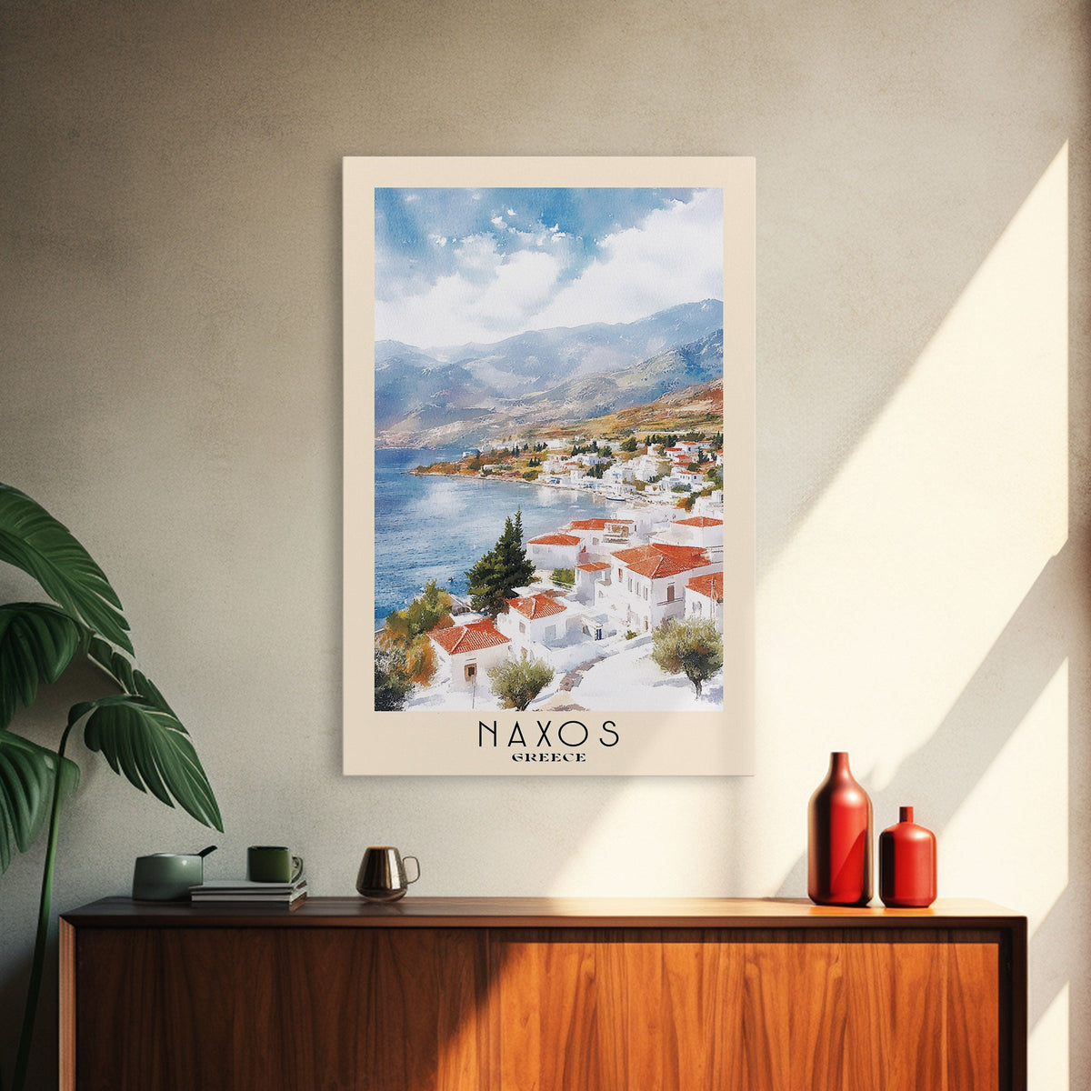 Naxos, Greece Watercolor Beach Print, Vacation Gift, Greece Wall Art, Framed Canvas Print, Framed Beach Painting
