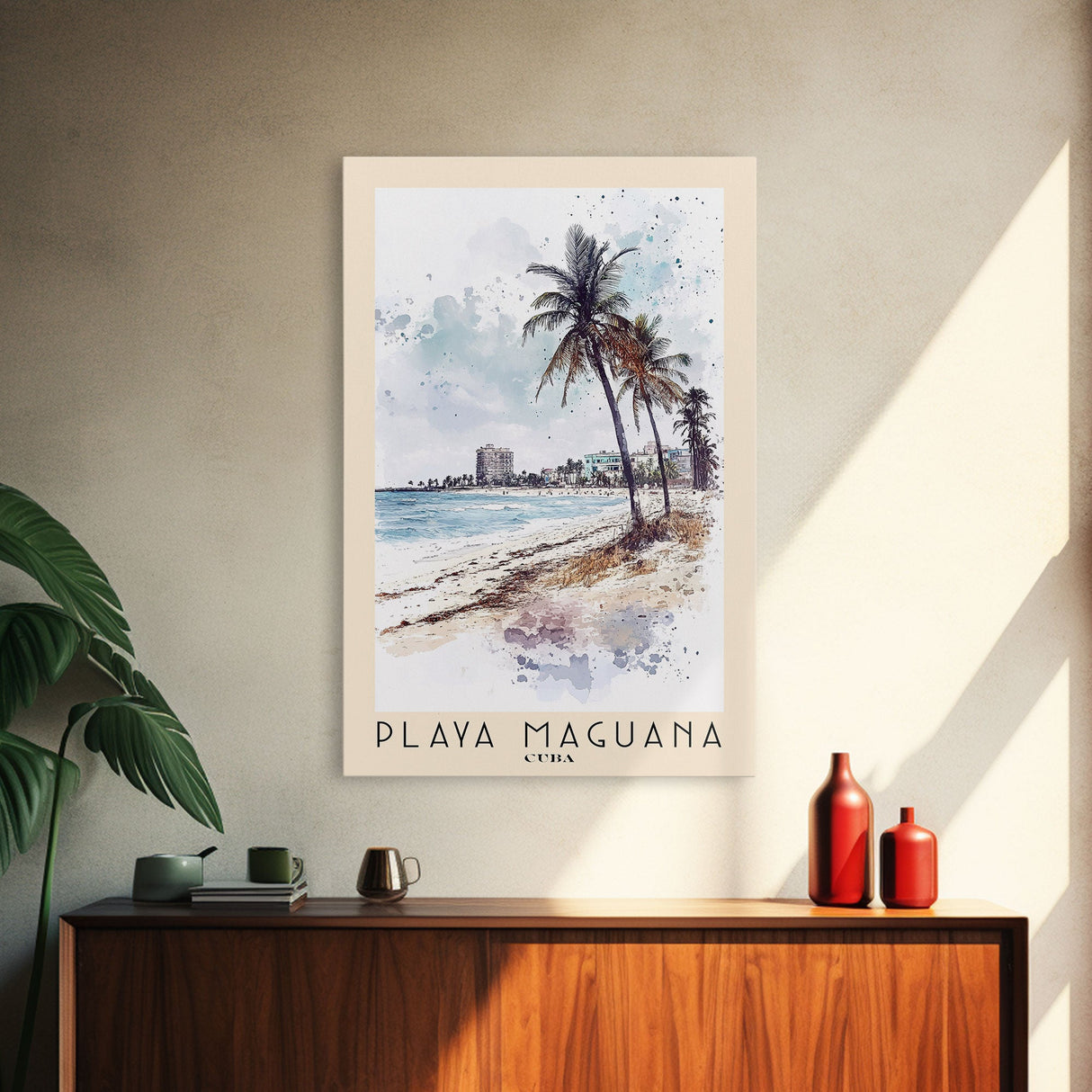 Playa Maguana, Cuba Watercolor Beach Print, Vacation Gift, Cuba Wall Art, Framed Canvas Print, Framed Beach Painting