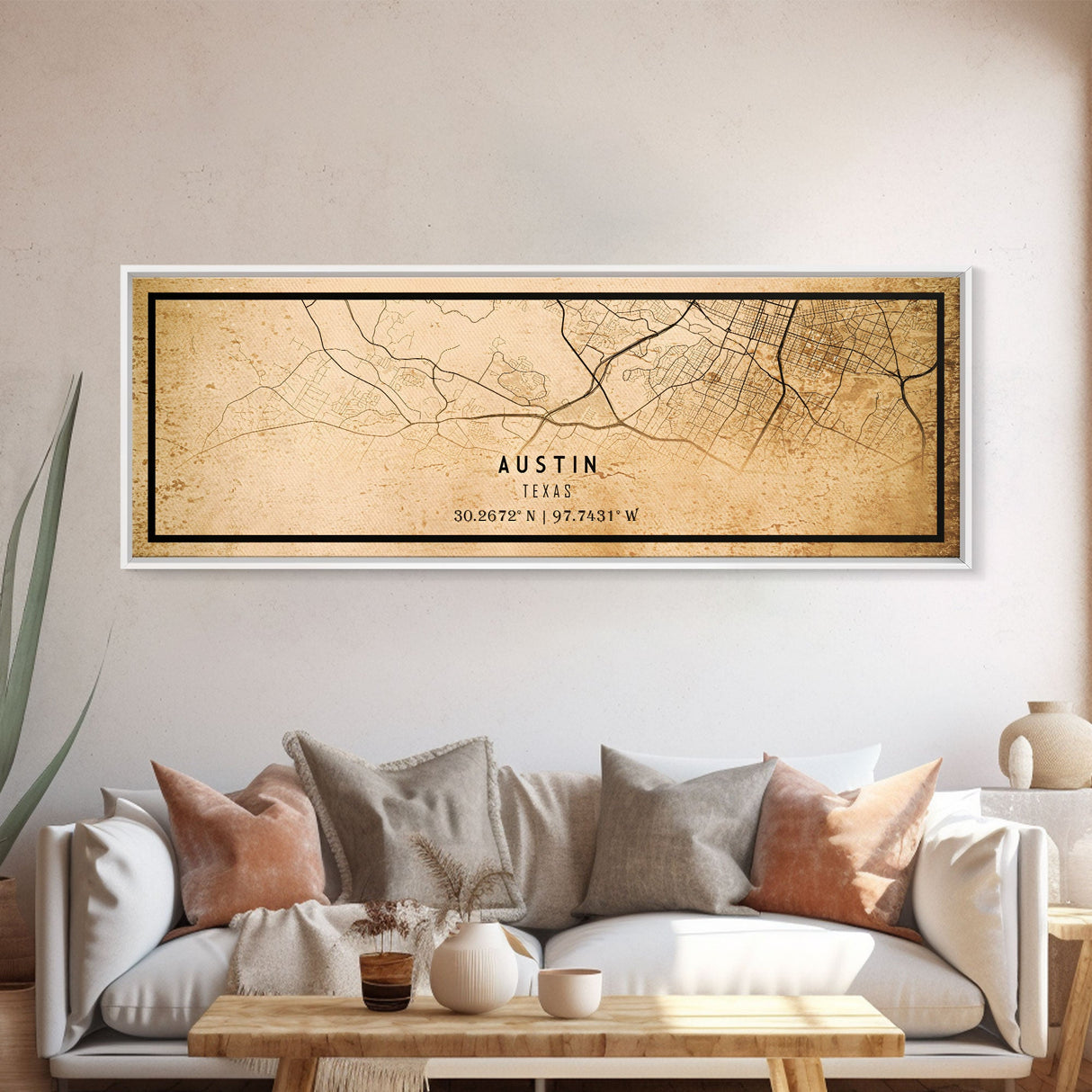 Panoramic Austin Map Print Canvas or Poster, Texas Map Art, Texas Map Print, Vintage Texas Map Framed Art, Retro / Distressed Office Art