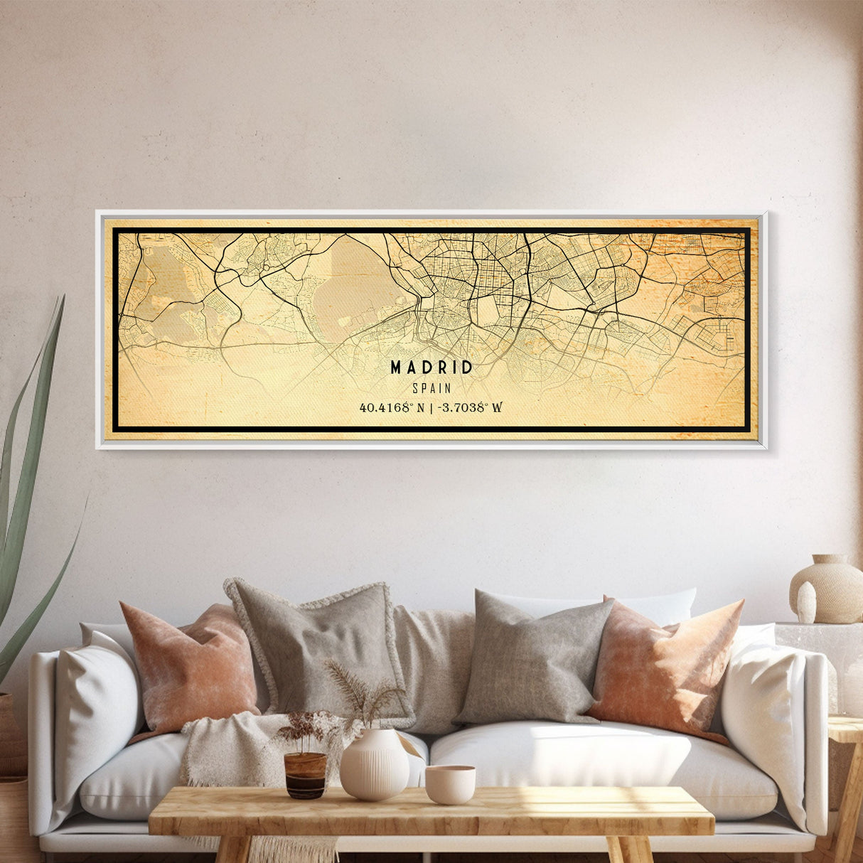 Panoramic Madrid Spain map print poster or framed canvas, Madrid map print poster canvas, city map print poster canvas, Vintage Travel Art