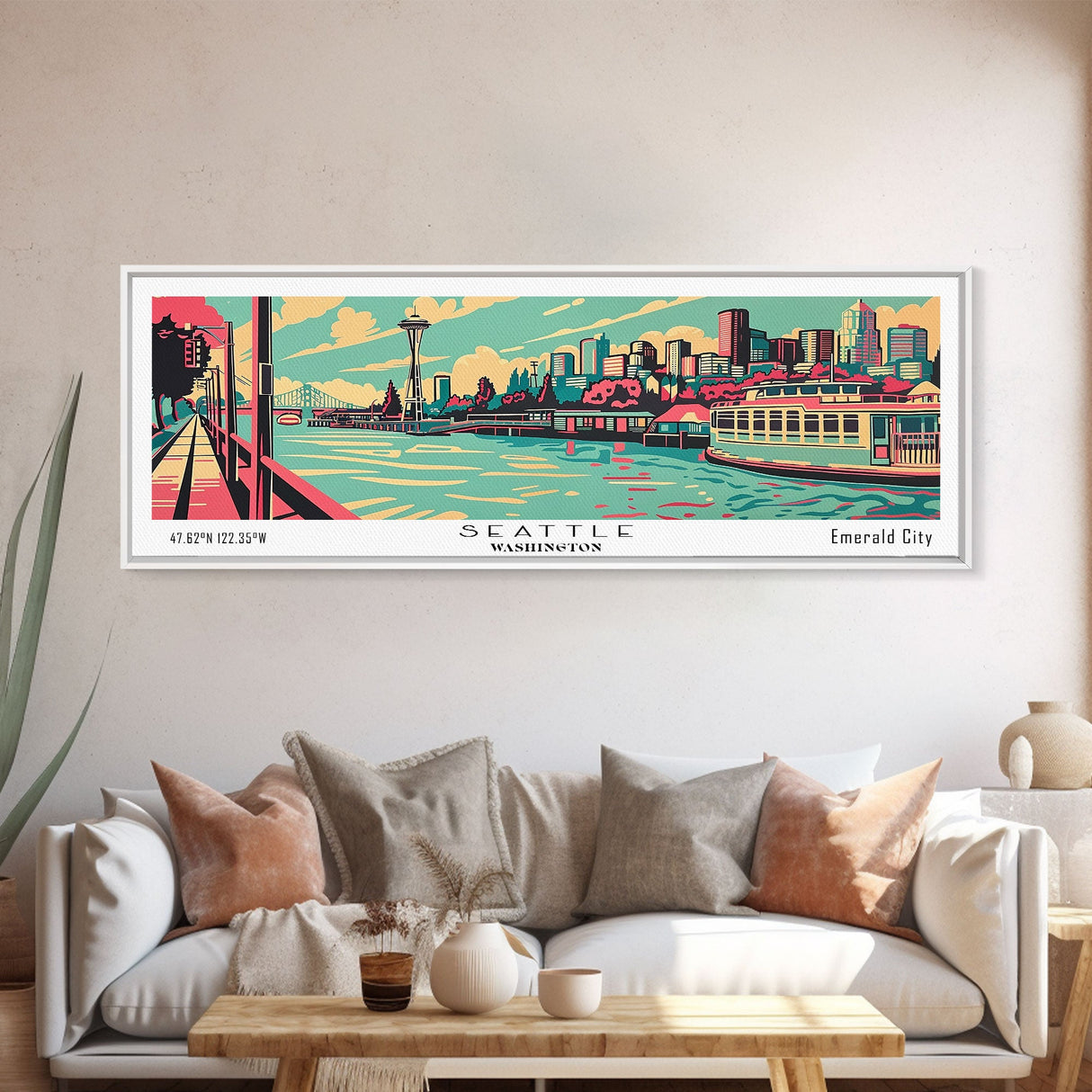 Seattle Washington Panoramic Painting Framed Canvas Print, Travel Poster, Mid Century Modern Art, Pop Art Style, Wall Decor, Home Decor