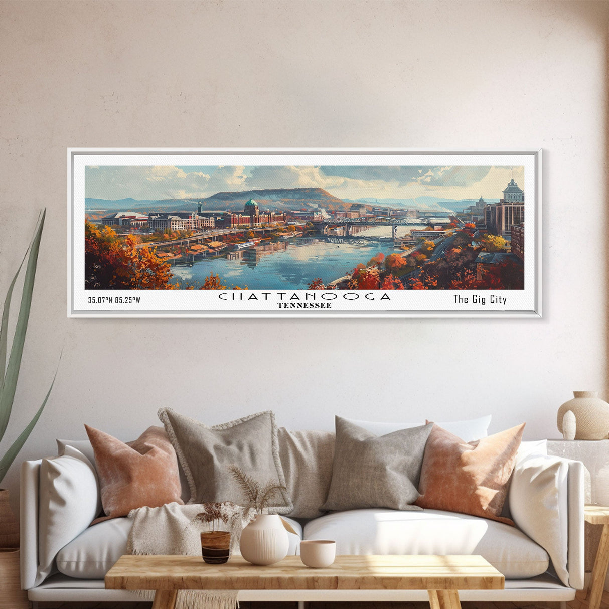 Chattanooga Tennessee Panoramic Watercolor Painting Framed Canvas Print, Travel Poster Art, Scenic Landscape, Living Room Decor, Wall Hanging, Office Art, Tennessee-Themed Gift