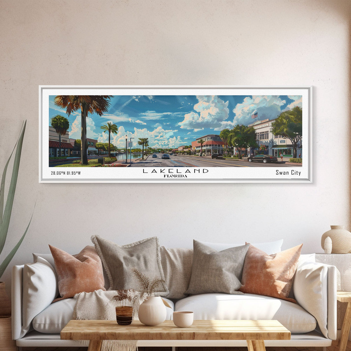 Lakeland Florida Panoramic Cityscape Wall Art, Watercolor Framed Canvas Print, Urban Painting for Living Room, Office Decor, Travel Poster