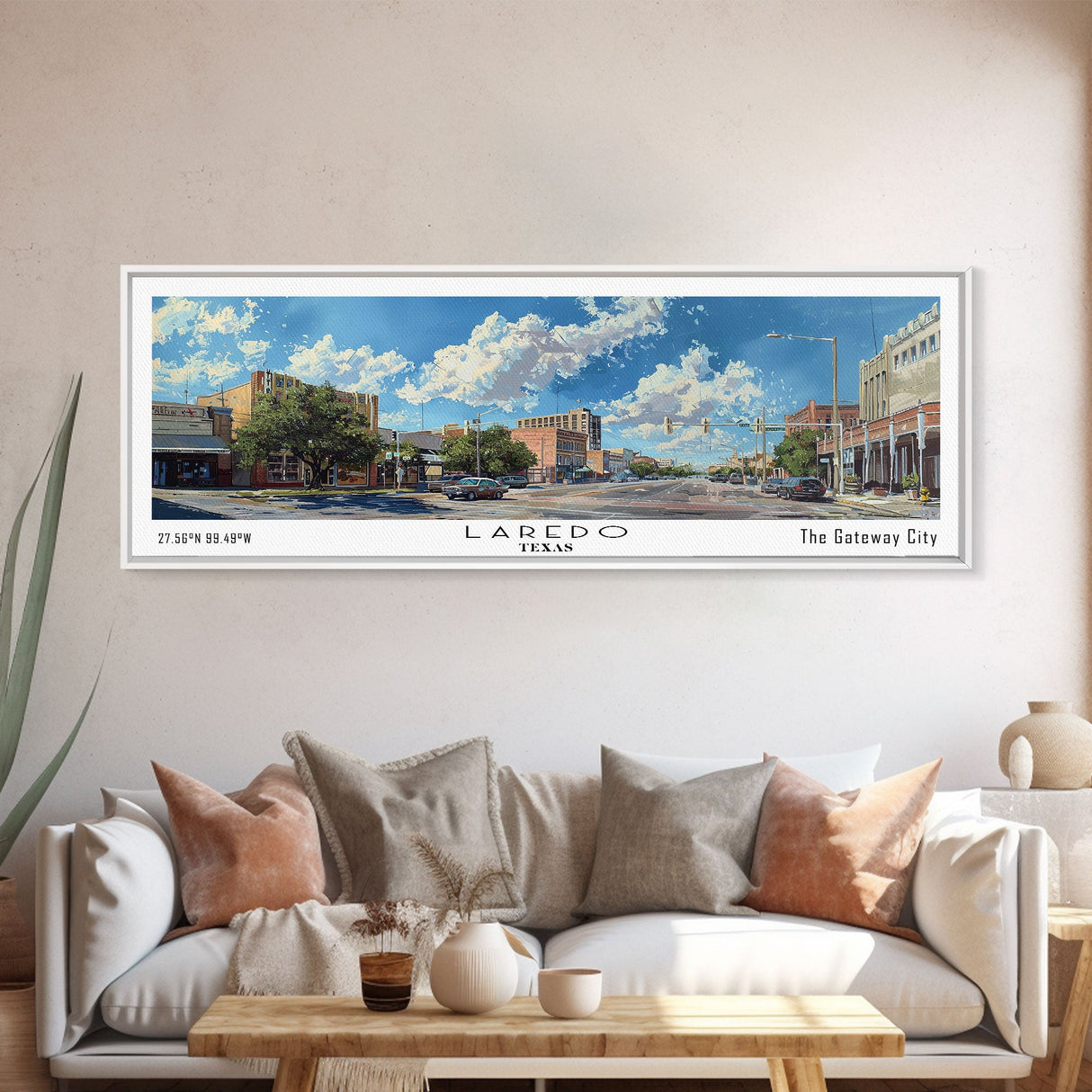 Laredo Texas Panoramic Cityscape Painting, Framed Canvas Print, Urban Decor, Office Wall Art, Watercolor Travel Poster, Home Decoration
