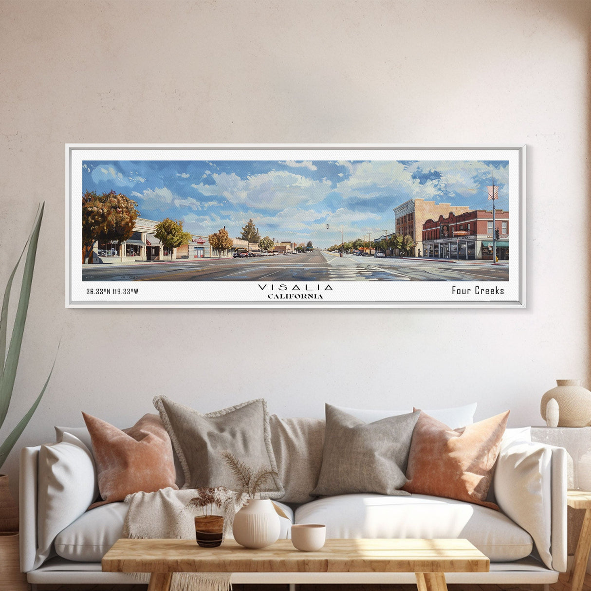 Visalia California Panoramic Framed Canvas Print, Retro Travel Poster, Artistic Wall Art, Unique Living Room Decor, Office Gift Idea, Original Artwork