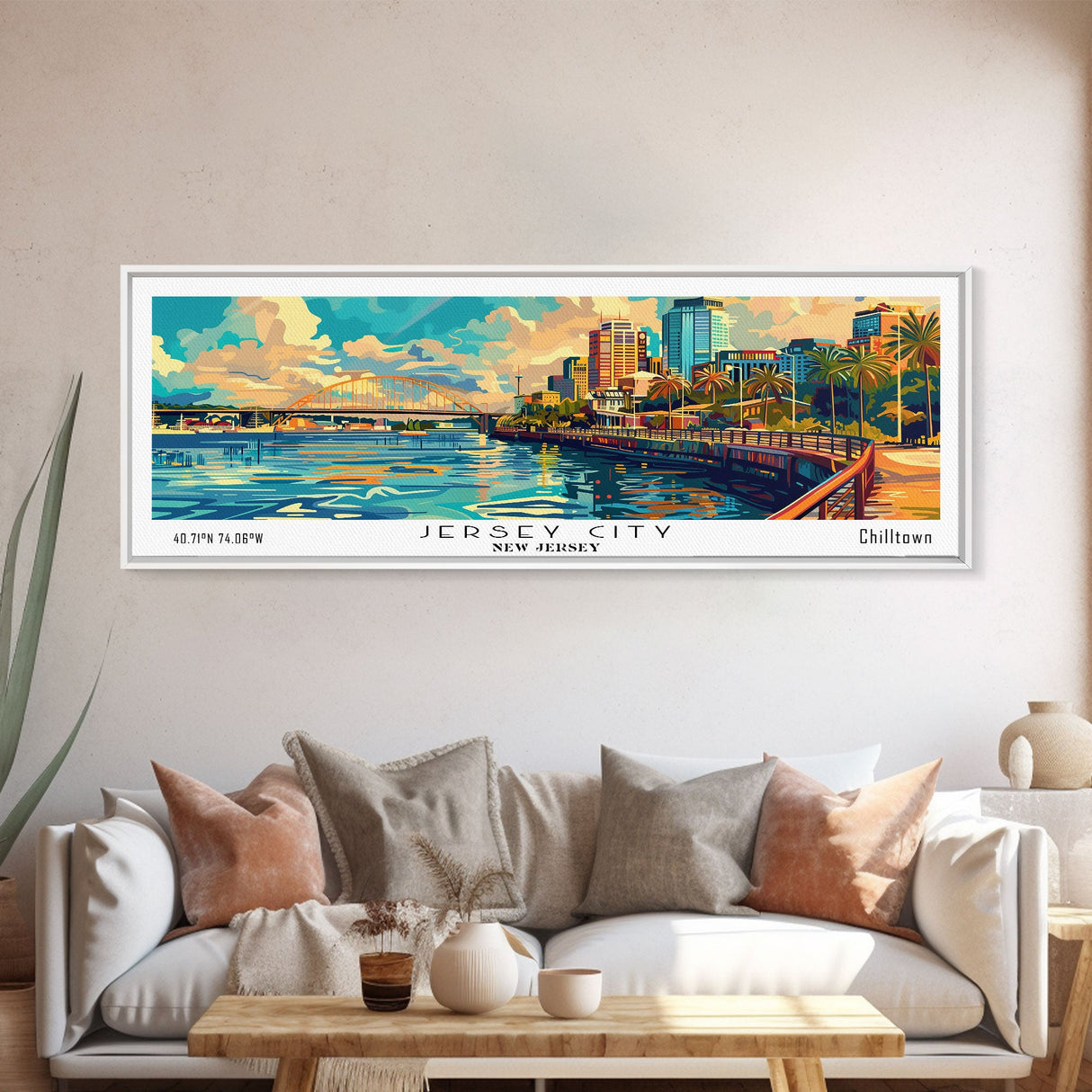 Jersey City New Jersey Panoramic Framed Canvas Print, Retro Style Wall Art, Mid Century Modern Home Decor, Pop Art Travel Poster