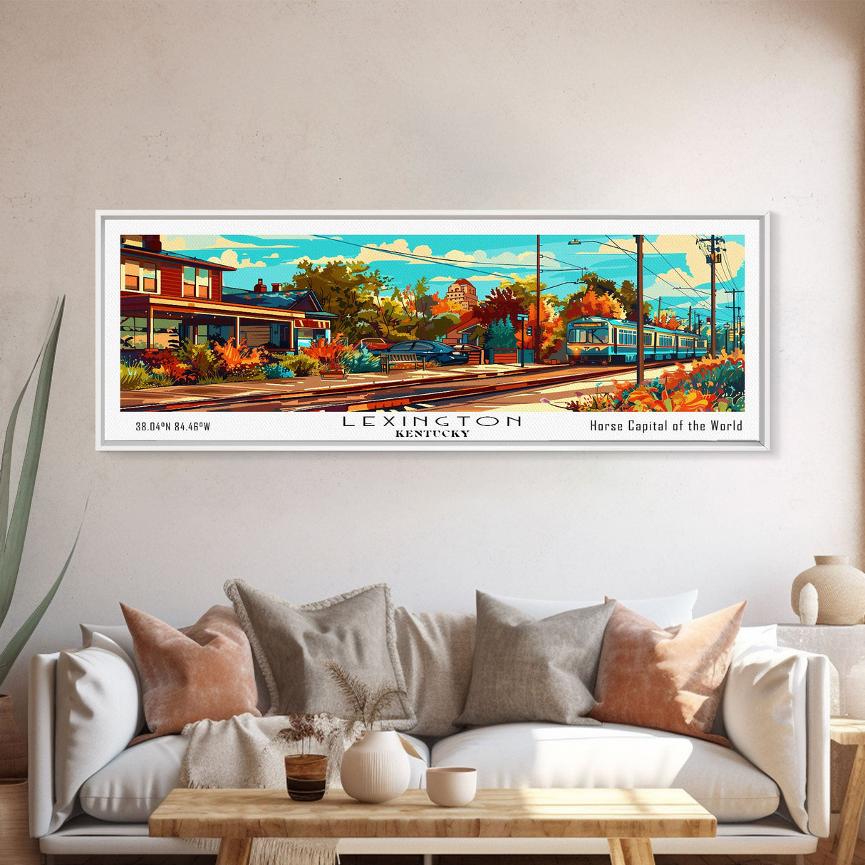 Lexington Kentucky Panoramic Framed Canvas Print, Mid Century Modern Pop Art, Retro Wall Art Decor, Travel Poster Painting