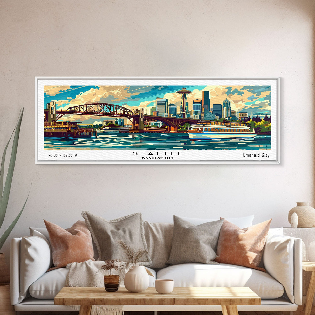 Seattle Washington Panoramic Painting, Mid Century Modern Framed Canvas Print, Retro Style Wall Art, Pop Art Travel Poster