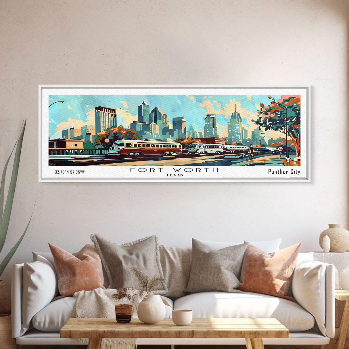 Fort Worth Texas Panoramic Wall Art, Mid Century Modern Framed Canvas Print, Retro Pop Art Travel Poster, Office Art, Living Room Decor