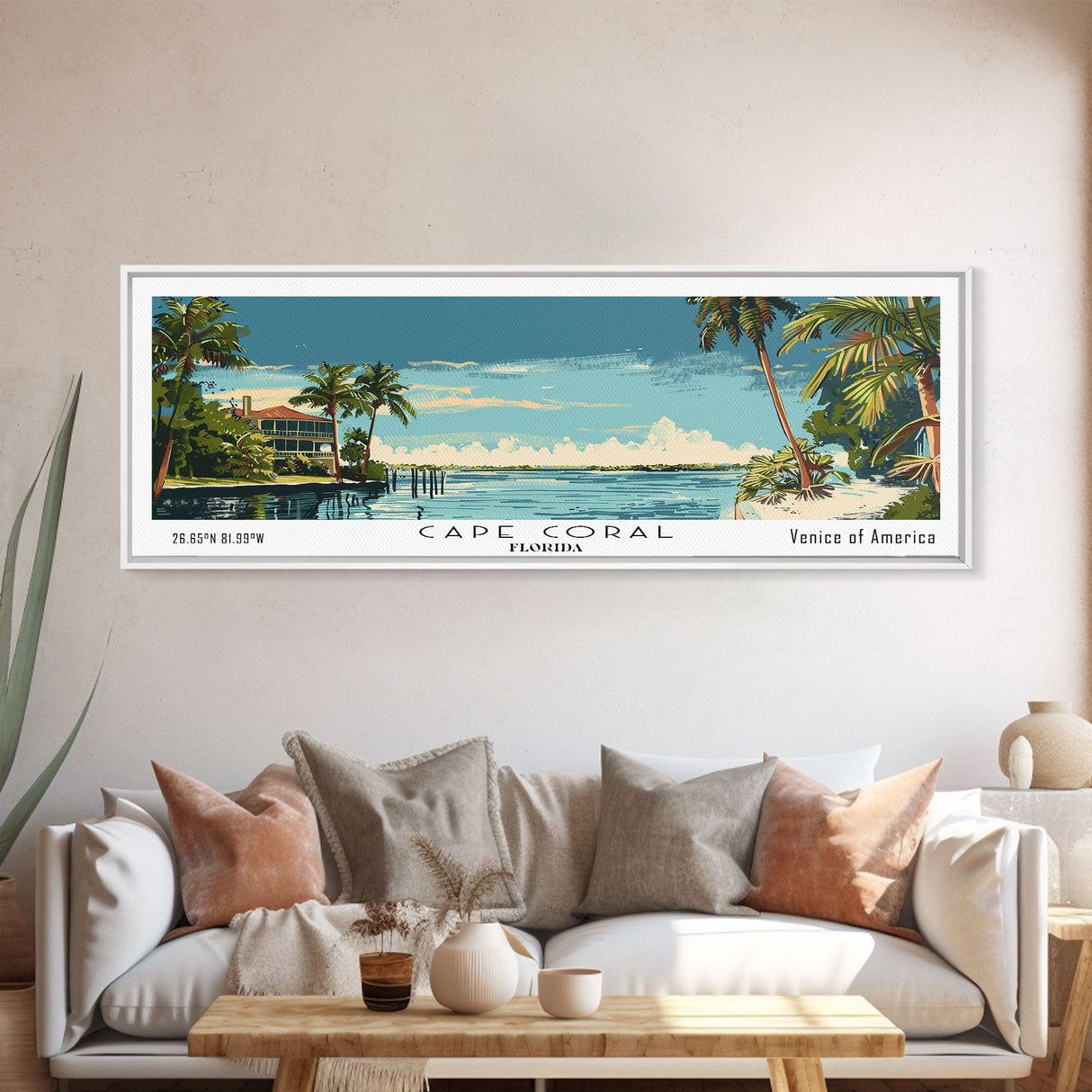 Cape Coral Florida Panoramic Painting, Mid Century Modern Framed Canvas Print, Retro Pop Art Travel Poster, Home Decor, City Print