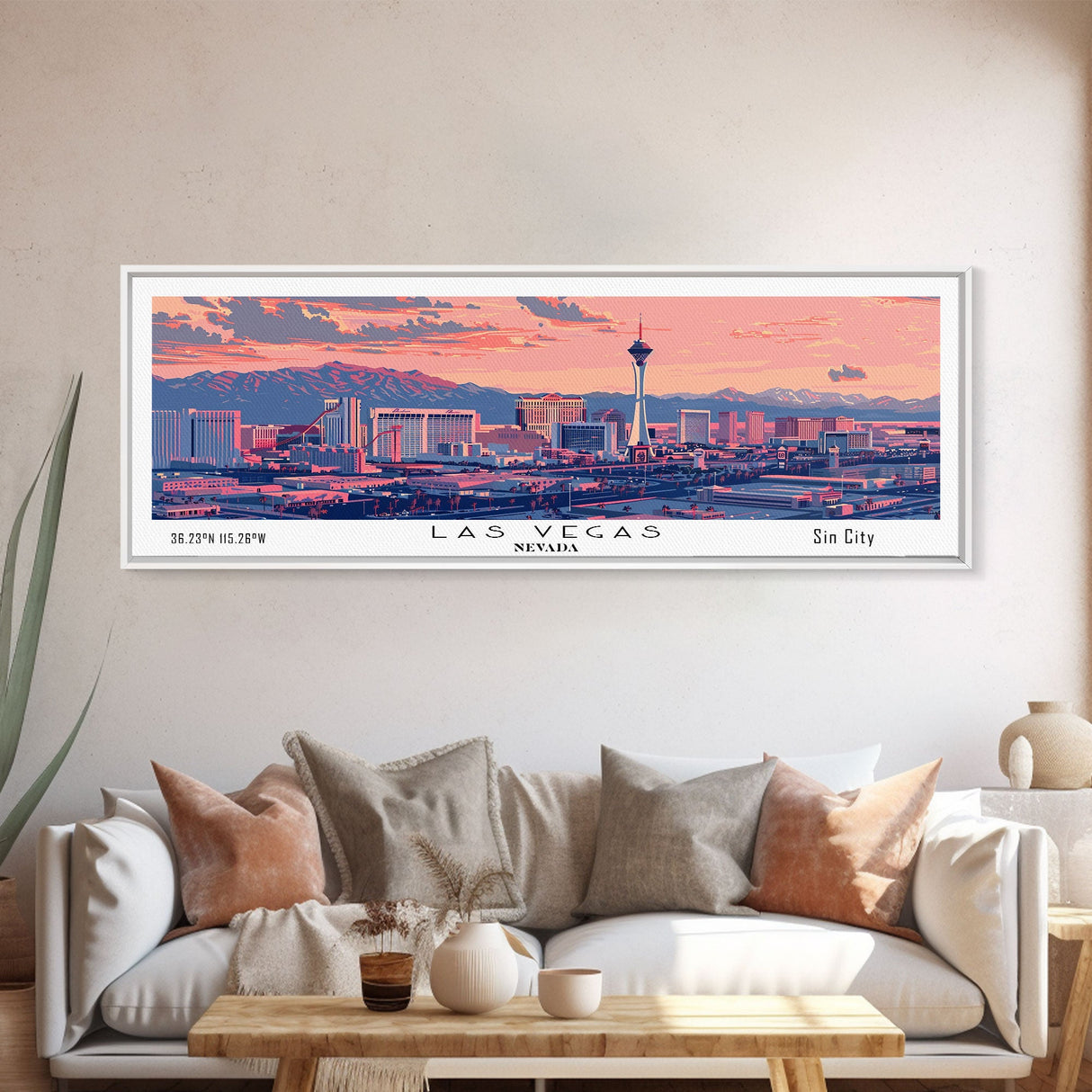 Las Vegas Nevada Panoramic Painting, Mid Century Modern Framed Canvas Print, Retro Pop Art Travel Poster, Living Room Art