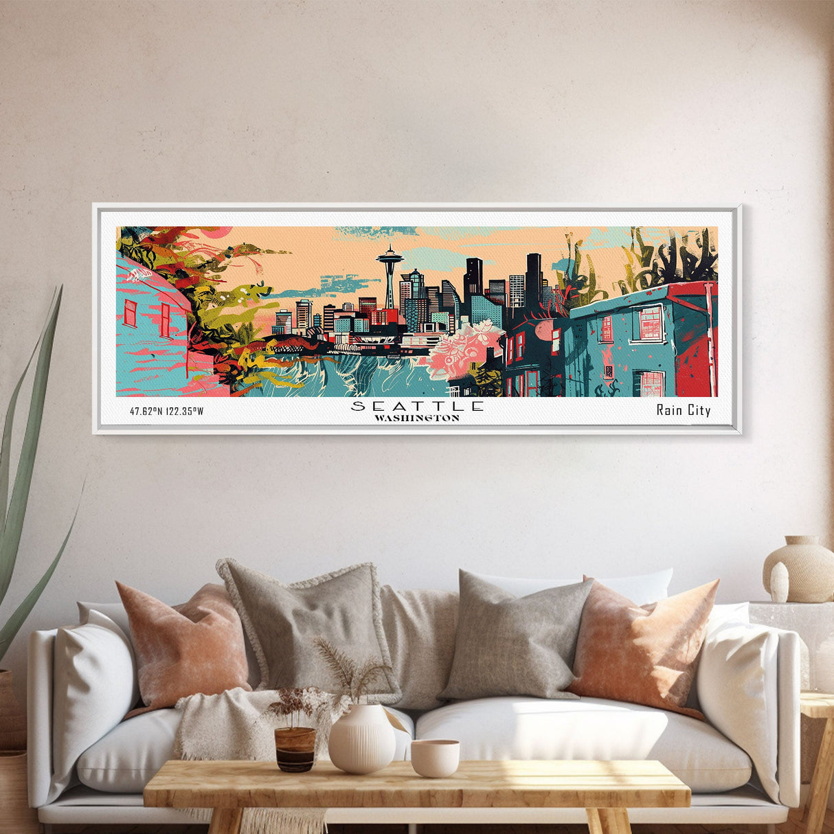 Seattle Washington Panoramic Art, Mid Century Modern Framed Canvas Print, Retro Pop Art Travel Poster, Office Wall Art, Home Decoration