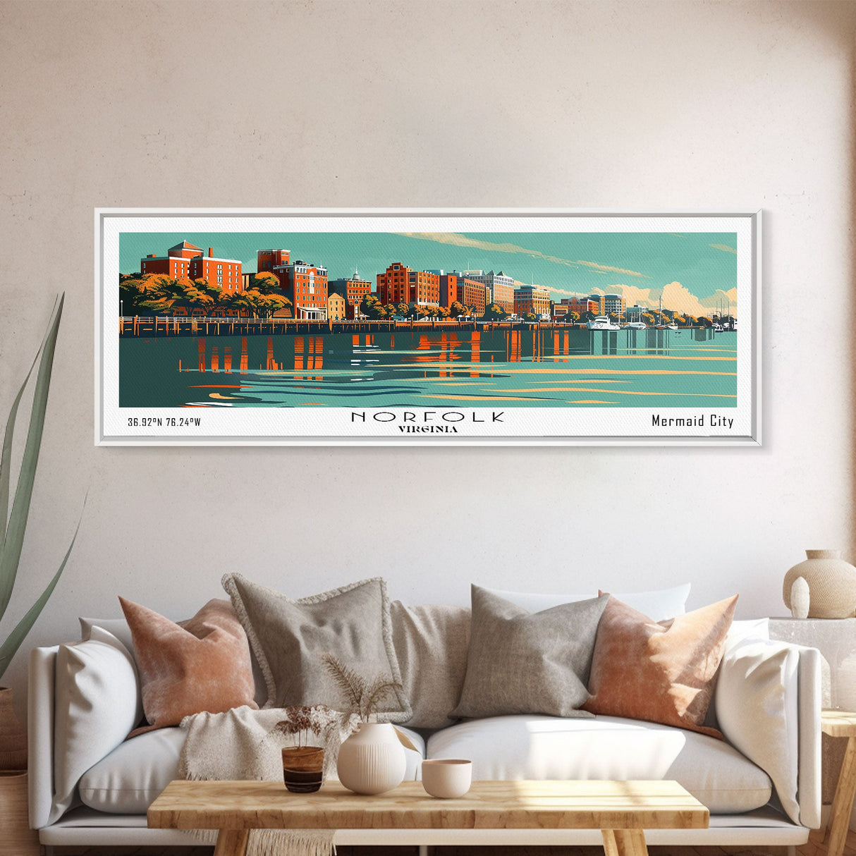 Norfolk Virginia Panoramic Painting, Mid Century Modern Framed Canvas Print, Retro Pop Art Travel Poster, Living Room Wall Decor