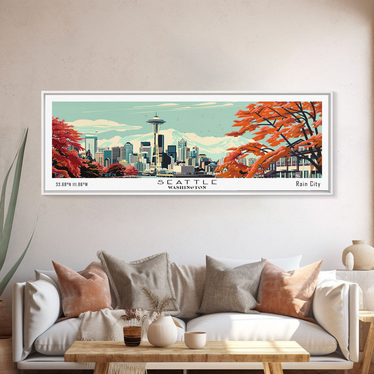 Seattle Washington Panoramic Painting, Mid Century Modern Framed Canvas Print, Retro Pop Art Travel Poster, Cityscape, Home Decor, Office Wall Art