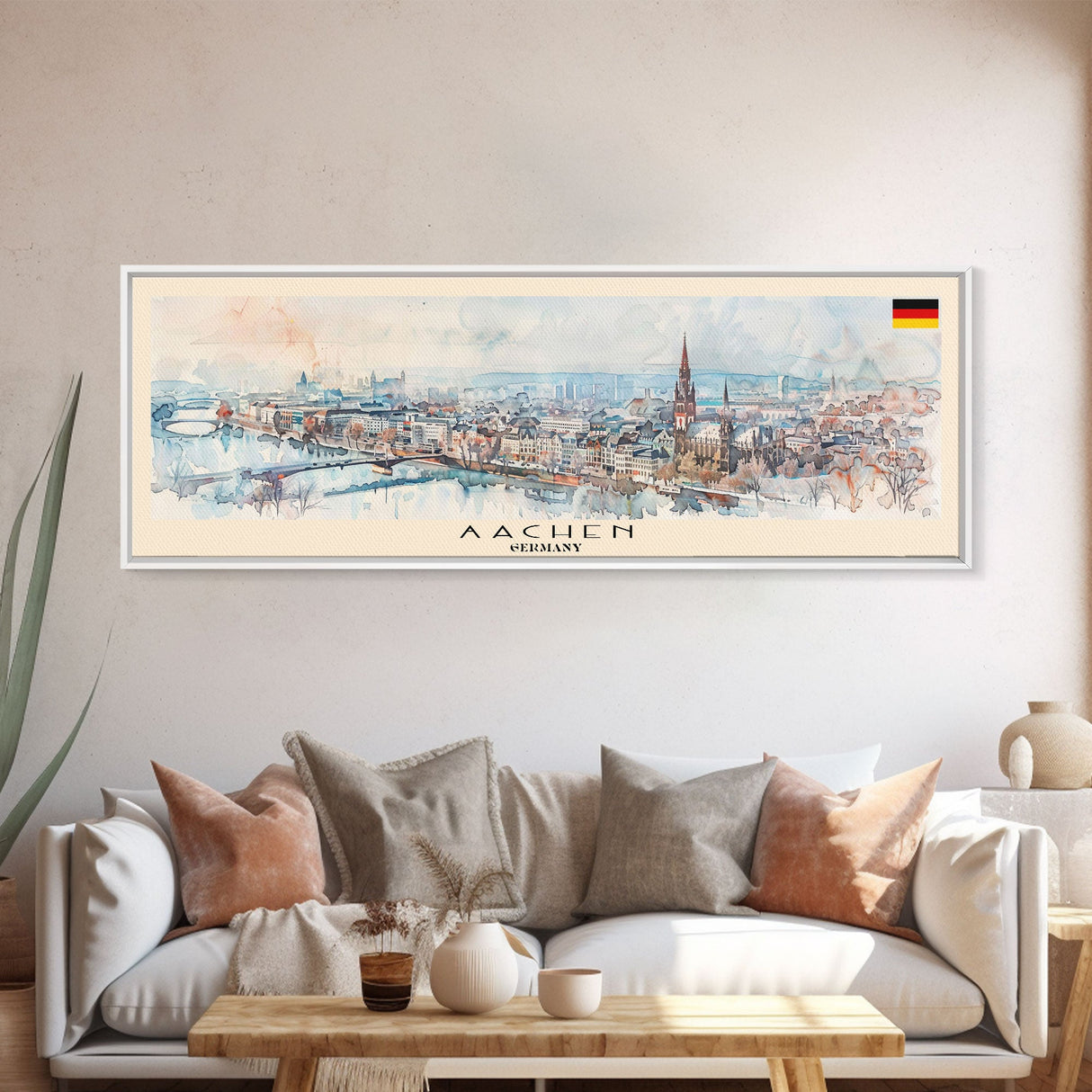 Aachen Germany Panoramic Travel Poster, Framed Canvas Print or Metal Wall Art, Travel Art, Home Decor, Panoramic Painting, Midcentury Art