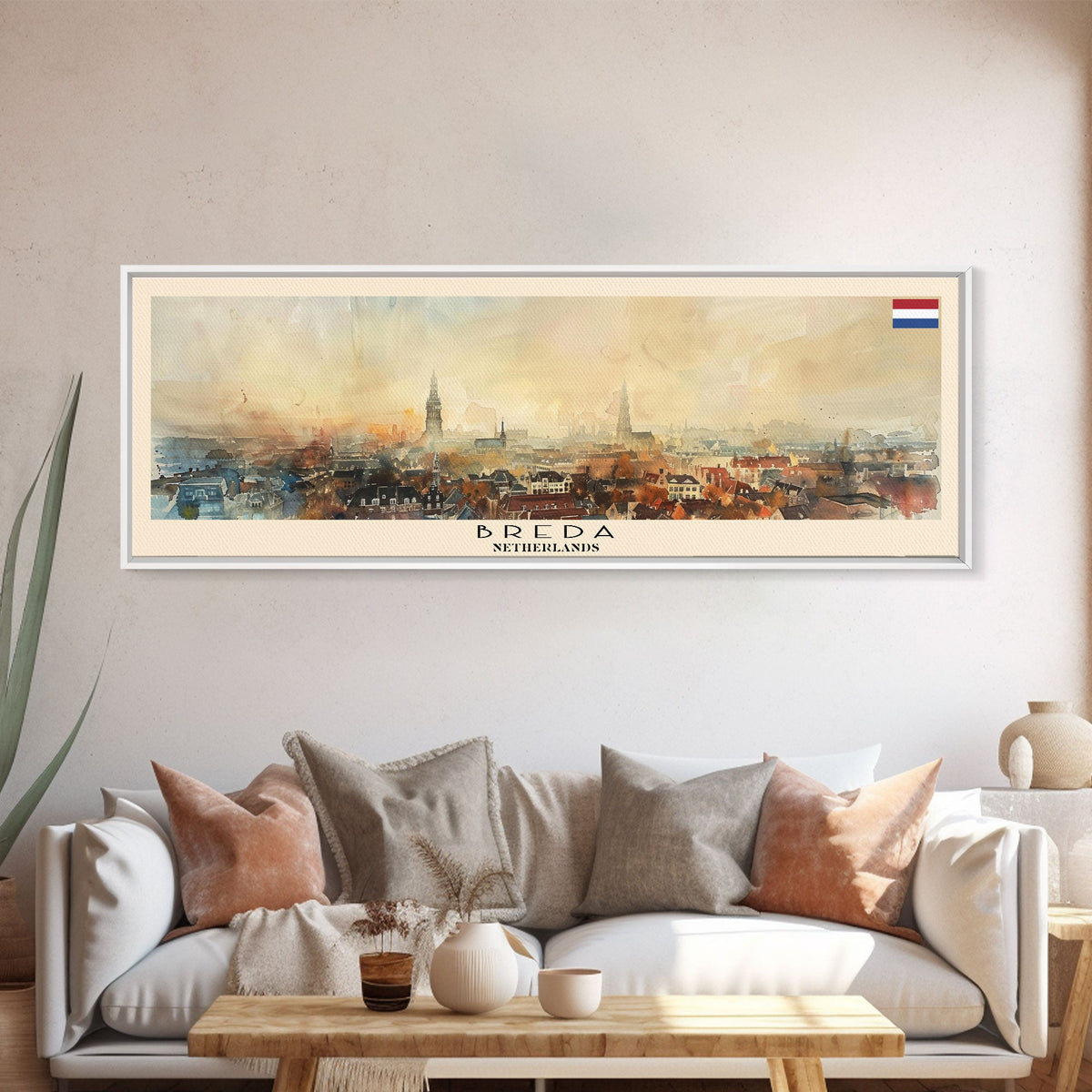 Breda Netherlands Panoramic Travel Poster, Framed Canvas Print or Metal Wall Art, Travel Art, Home Decor, Panoramic Painting, Midcentury Art