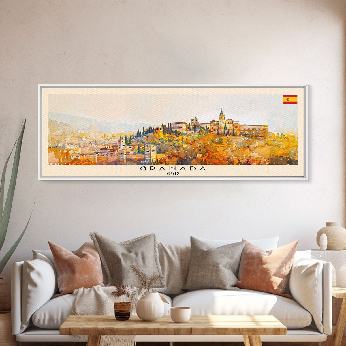 Granada Spain Panoramic Travel Poster, Framed Canvas Print or Metal Wall Art, Travel Art, Home Decor, Panoramic Painting, Midcentury Art