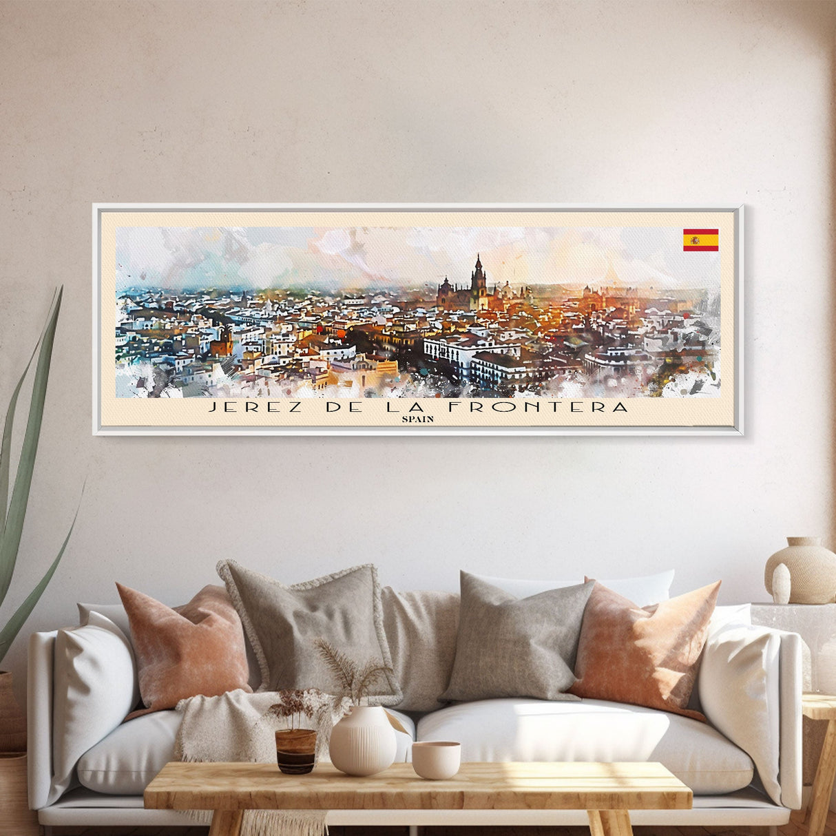 Jerez De La Frontera Spain Panoramic Travel Poster, Framed Canvas Print or Metal Wall Art, Travel Art, Home Decor, Panoramic Painting, Midcentury Art