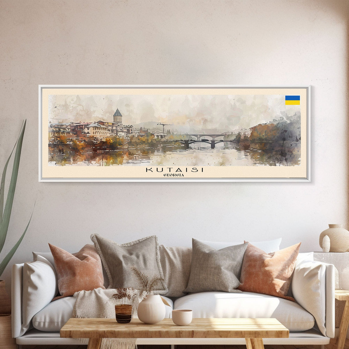 Kutaisi Georgia Panoramic Travel Poster, Framed Canvas Print or Metal Wall Art, Travel Art, Home Decor, Panoramic Painting, Midcentury Art