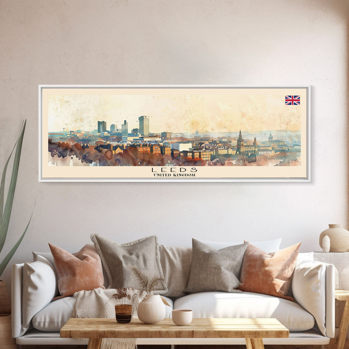 Leeds United Kingdom Panoramic Travel Poster, Framed Canvas Print or Metal Wall Art, Travel Art, Home Decor, Panoramic Painting, Midcentury Art