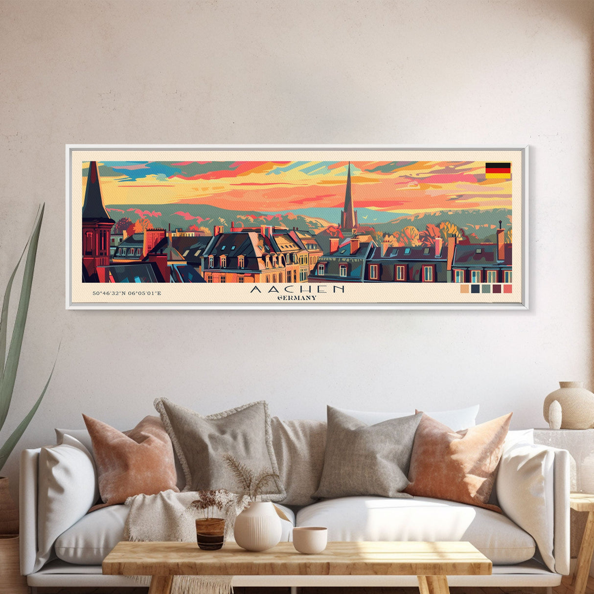 Aachen Germany Panoramic Travel Poster, Framed Canvas Print or Metal Wall Art, Travel Art, Home Decor, Panoramic Painting, Midcentury Art