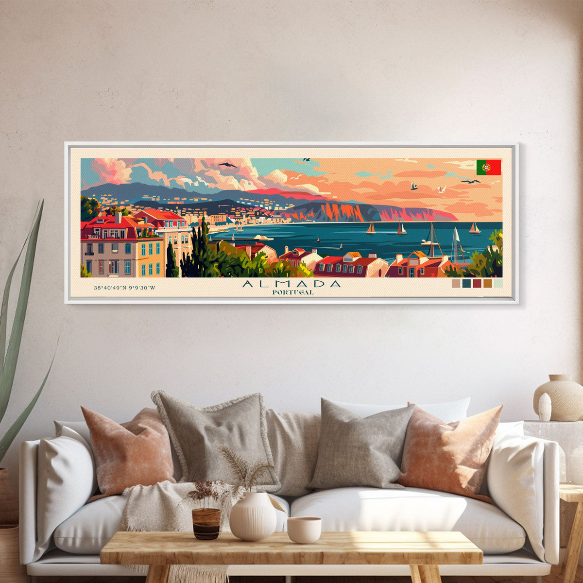 Almada Portugal Travel Art, City Art, Framed Canvas Print or Metal Wall Art, Europe Travel Poster, Panoramic Wall Art, Extra Wide Wall Art