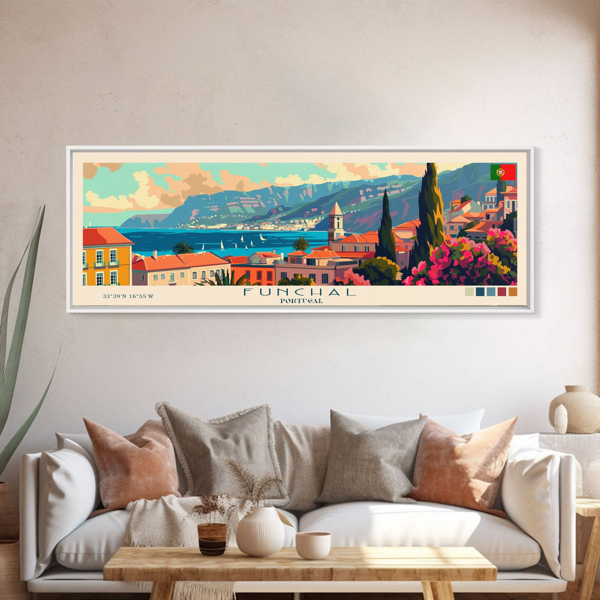 Funchal Portugal Travel Print Wall Art, Panoramic City Art, Travel Art, Wall Decor, Vacation Gift, Framed Canvas Print Or Metal Art