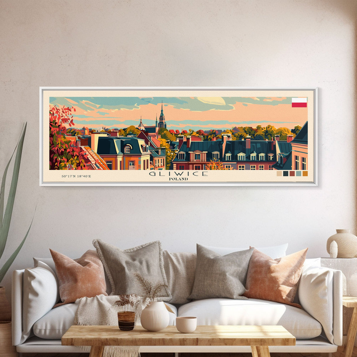 Gliwice Poland Panoramic Travel Poster, Framed Canvas Print or Metal Wall Art, Travel Art, Home Decor, Panoramic Painting, Midcentury Art