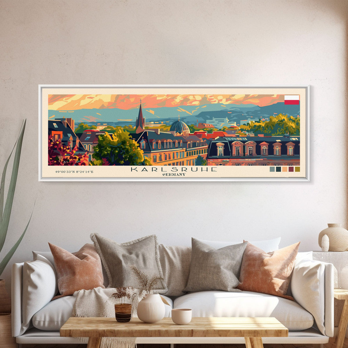 Karlsruhe Germany Panoramic Travel Poster, Framed Canvas Print or Metal Wall Art, Travel Art, Home Decor, Panoramic Painting, Midcentury Art