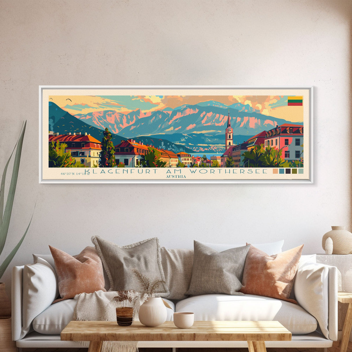 Klagenfurt Austria Panoramic Travel Poster, Framed Canvas Print or Metal Wall Art, Travel Art, Home Decor, Panoramic Painting, Midcentury Art