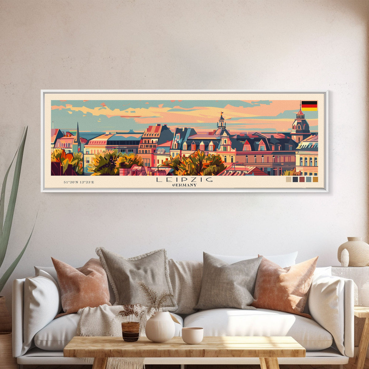 Leipzig Germany Panoramic Travel Poster, Framed Canvas Print or Metal Wall Art, Travel Art, Home Decor, Panoramic Painting, Midcentury Art