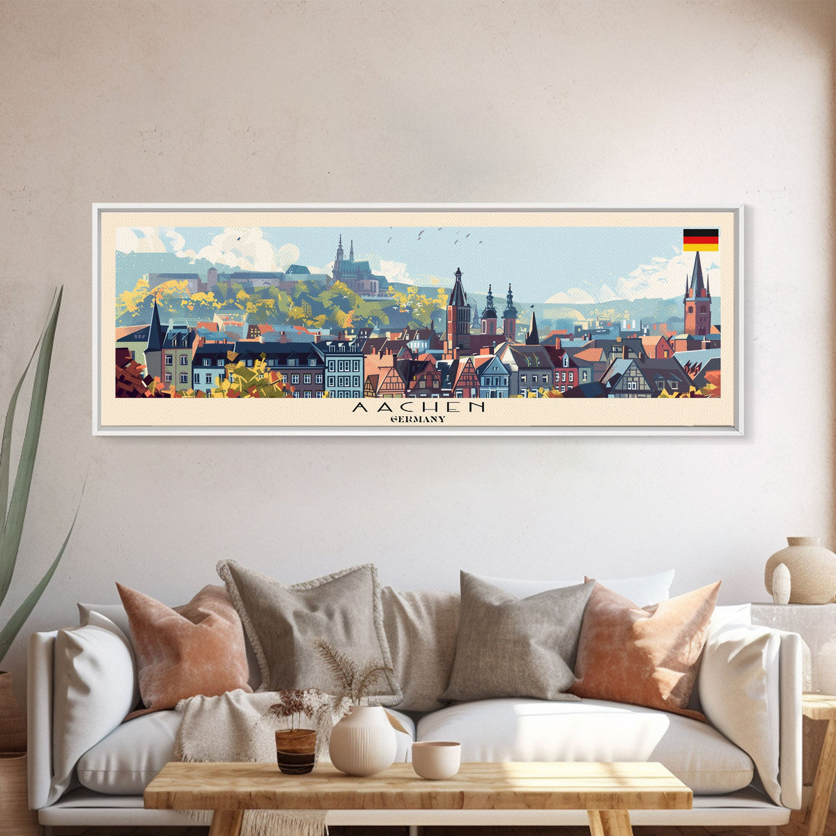 Aachen Germany Panoramic Travel Poster, Framed Canvas Print or Metal Wall Art, Travel Art, Home Decor, Panoramic Painting, Midcentury Art