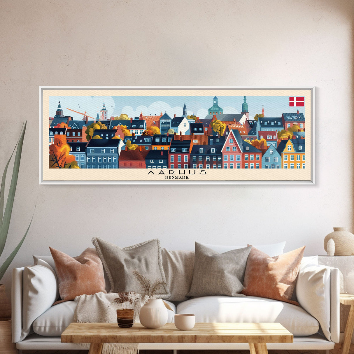 Aarhus Denmark Panoramic Travel Poster, Framed Canvas Print or Metal Wall Art, Travel Art, Home Decor, Panoramic Painting, Midcentury Art