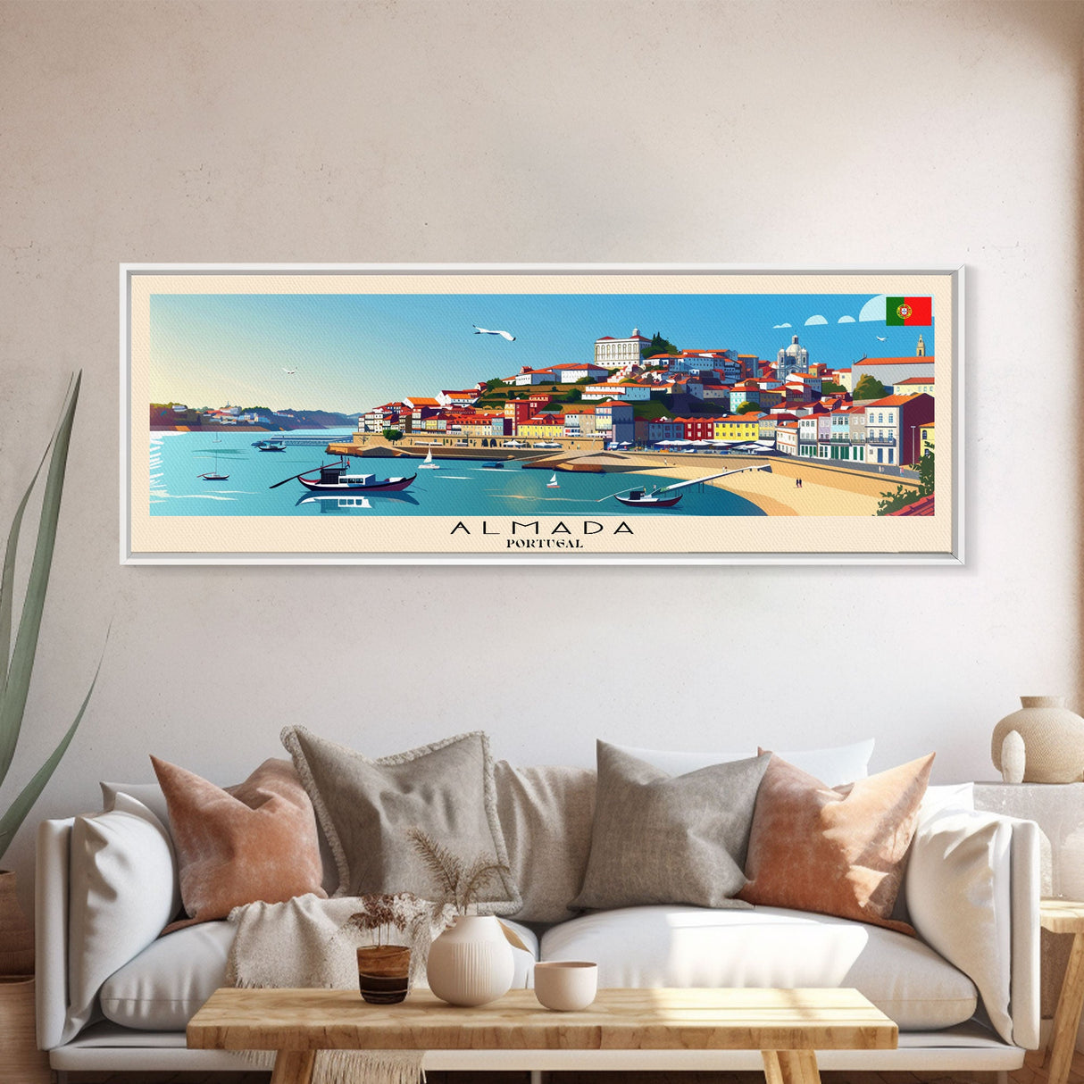 Almada Portugal Travel Art, City Art, Framed Canvas Print or Metal Wall Art, Europe Travel Poster, Panoramic Wall Art, Extra Wide Wall Art