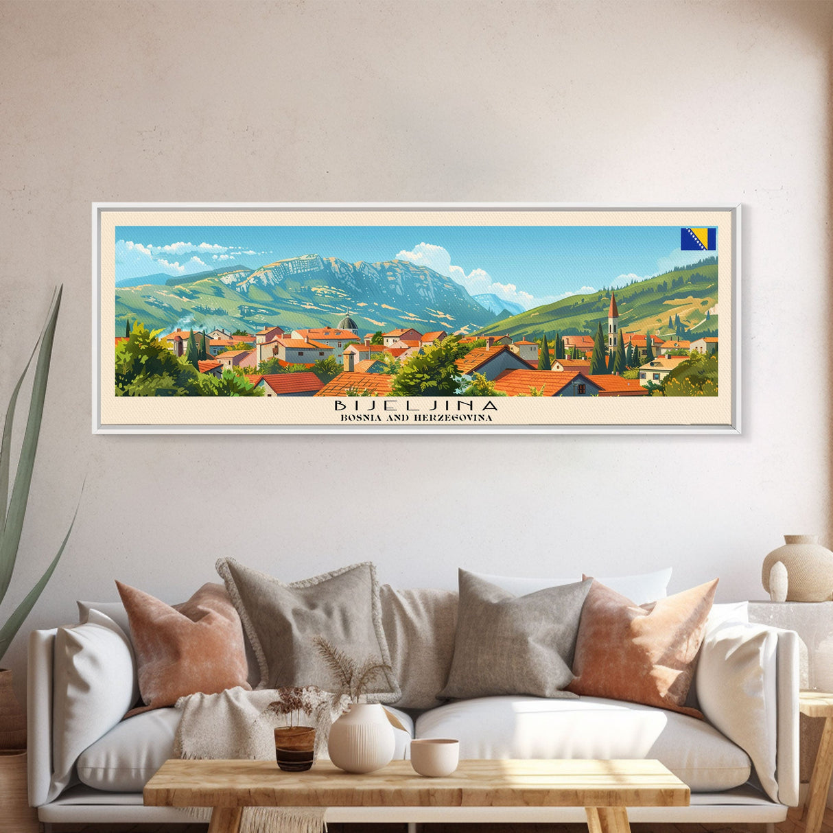 Bijeljina Bosnia Panoramic Travel Poster, Framed Canvas Print or Metal Wall Art, Travel Art, Home Decor, Panoramic Painting, Midcentury Art