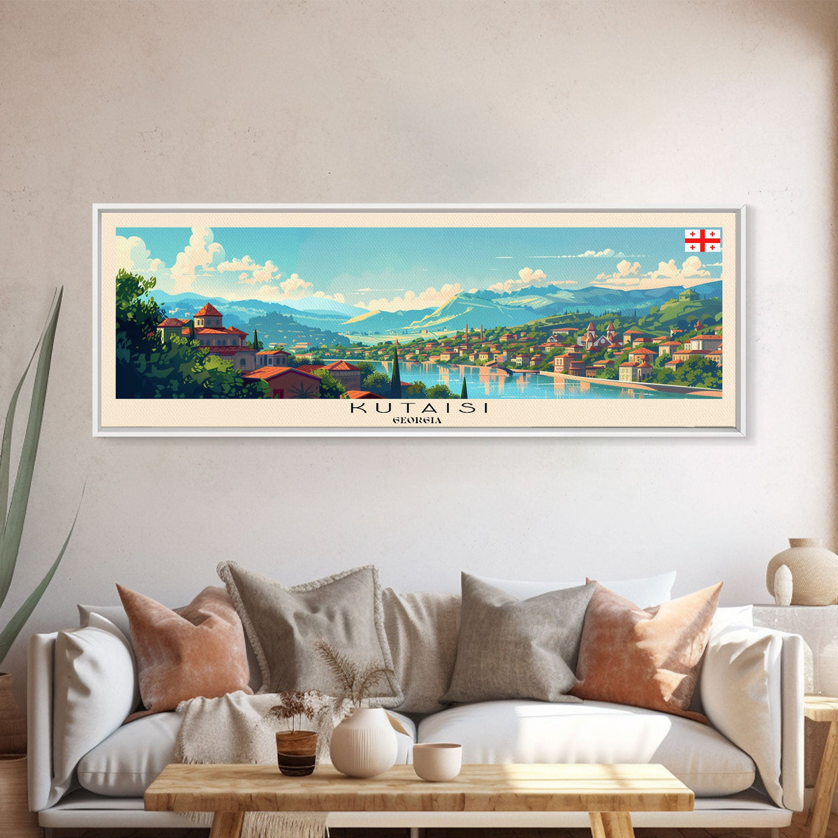 Kutaisi Georgia Panoramic Travel Poster, Framed Canvas Print or Metal Wall Art, Travel Art, Home Decor, Panoramic Painting, Midcentury Art