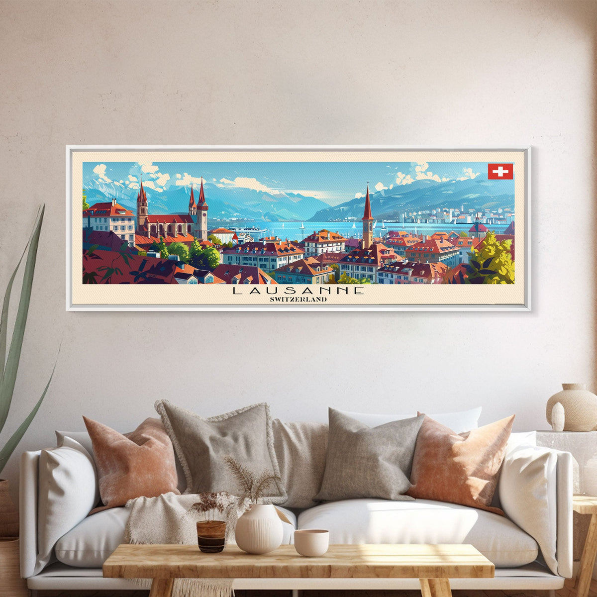 Lausanne Switzerland Travel Art, City Art, Framed Canvas Print or Metal Wall Art, Europe Travel Poster, Panoramic Wall Art, Extra Wide Wall Art