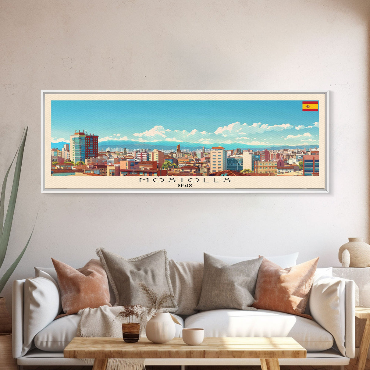 Mostoles Spain Panoramic Travel Poster, Framed Canvas Print or Metal Wall Art, Travel Art, Home Decor, Panoramic Painting, Midcentury Art