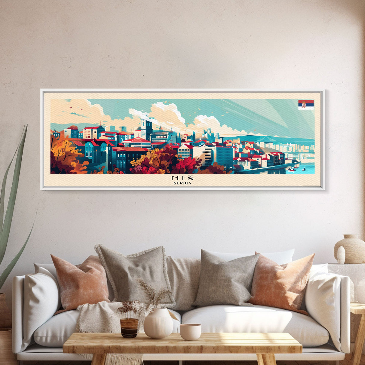 Niš Serbia Panoramic Travel Poster, Framed Canvas Print or Metal Wall Art, Travel Art, Home Decor, Panoramic Painting, Midcentury Art