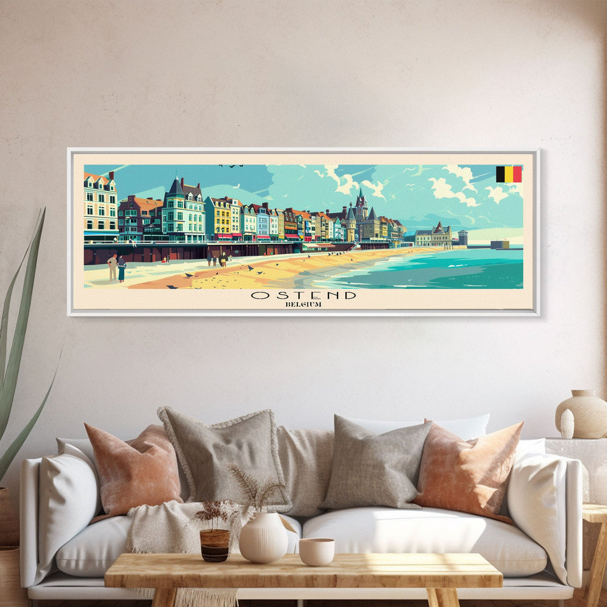 Ostend Belgium Panoramic Travel Poster, Framed Canvas Print or Metal Wall Art, Travel Art, Home Decor, Panoramic Painting, Midcentury Art