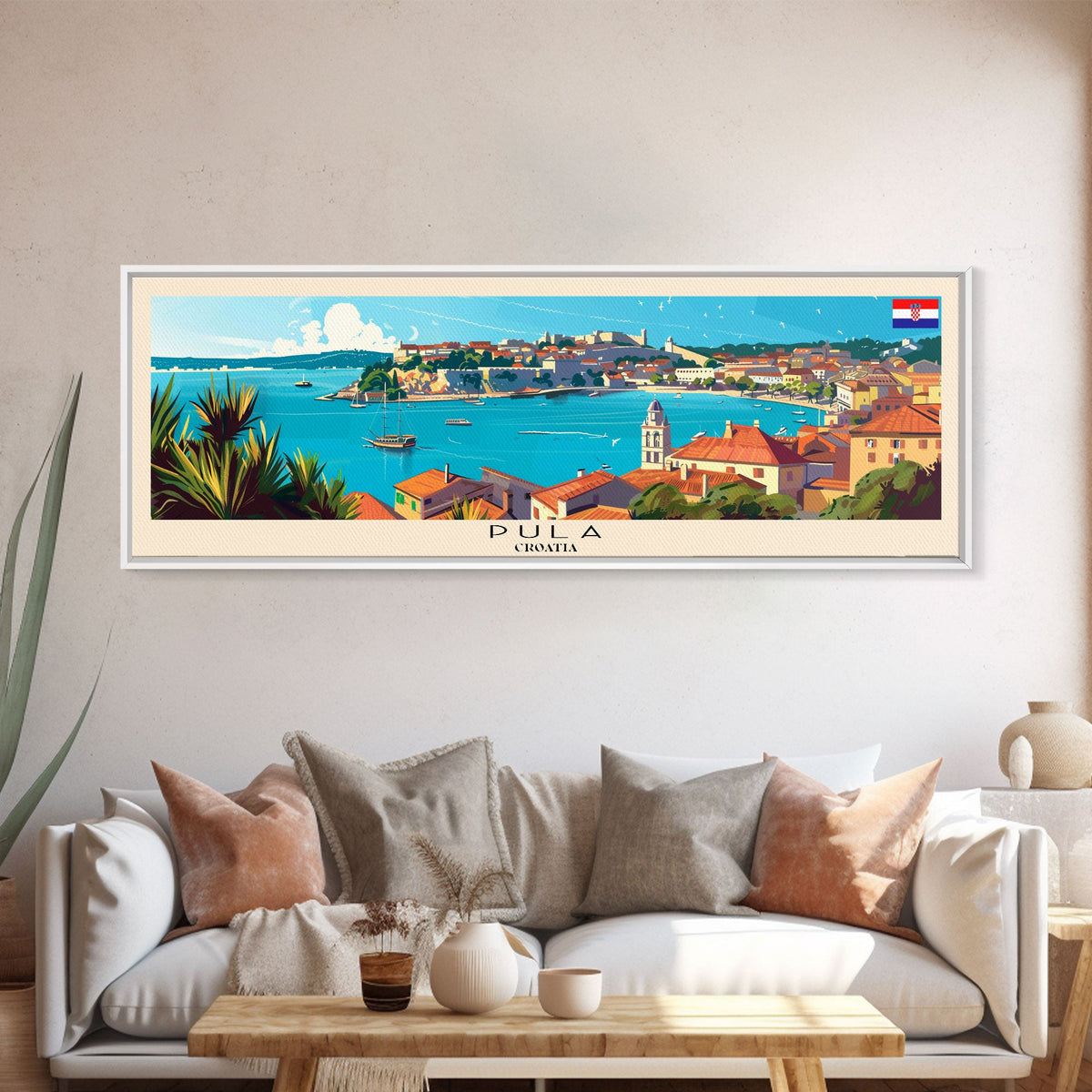 Pula Croatia Panoramic Travel Poster, Framed Canvas Print or Metal Wall Art, Travel Art, Home Decor, Panoramic Painting, Midcentury Art
